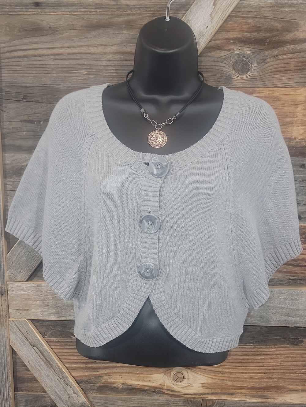 Elle Light Gray Short-Sleeve Button Cardigan Shrug